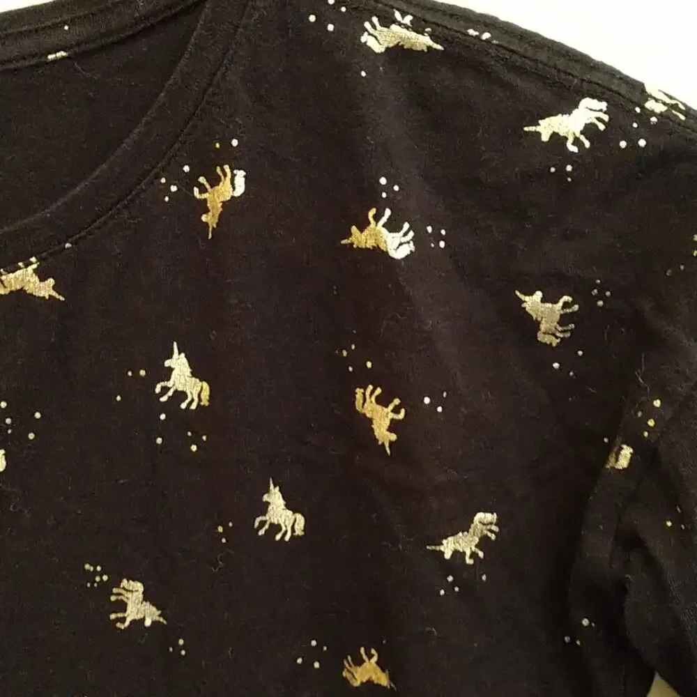 Old Navy Black Hi Lo Gold Unicorn Tee GIRLS size Medium 8 Long Sleeve